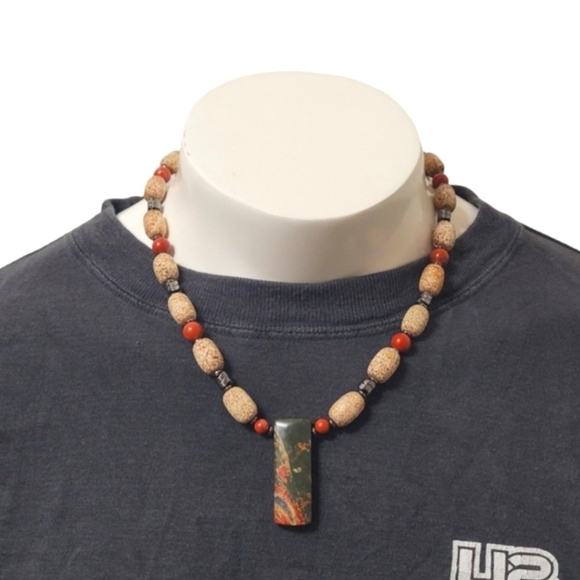 Hand Crafted Red Jasper Tibetan Sand Agate Hematite 18" Gemstone Necklace - Picture 6 of 6